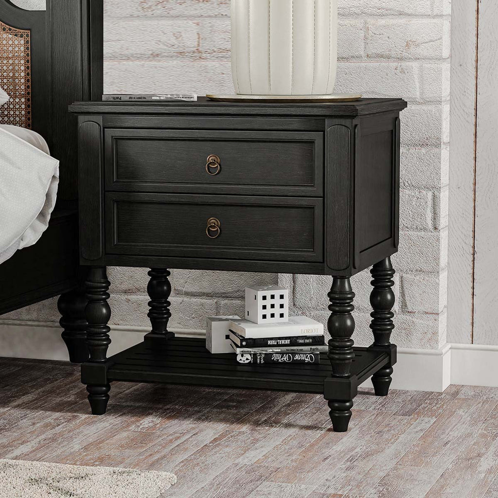 Valora Classic Mango Solid Wood Bedside Table – 2 Drawer Nightstand with Turned Legs & Lower Shelf in Matt Black - DOBRI ARTS AU