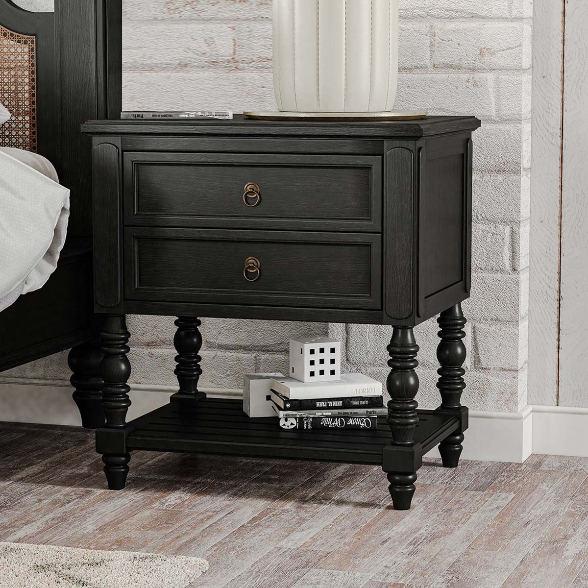 Valora Classic Mango Solid Wood Bedside Table – 2 Drawer Nightstand with Turned Legs & Lower Shelf in Matt Black - DOBRI ARTS AU