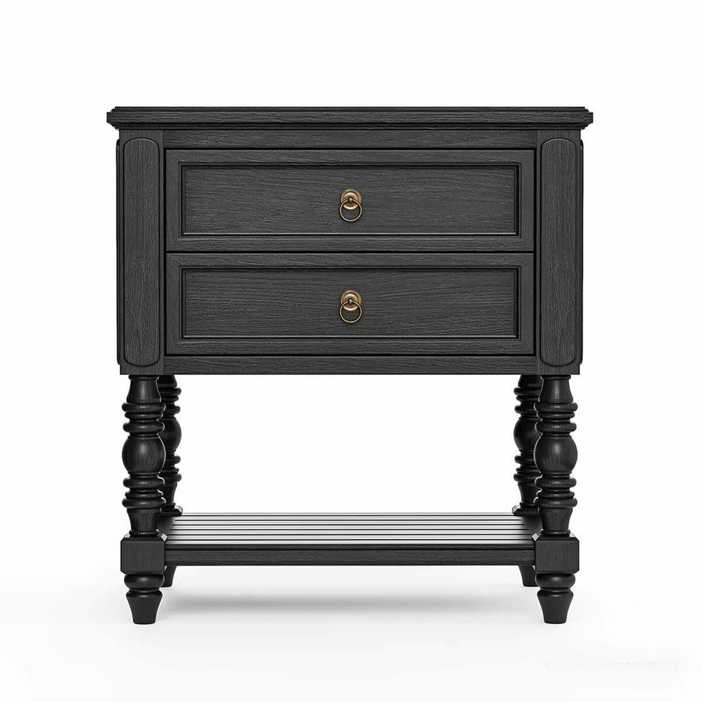 Valora Classic Mango Solid Wood Bedside Table – 2 Drawer Nightstand with Turned Legs & Lower Shelf in Matt Black - DOBRI ARTS AU