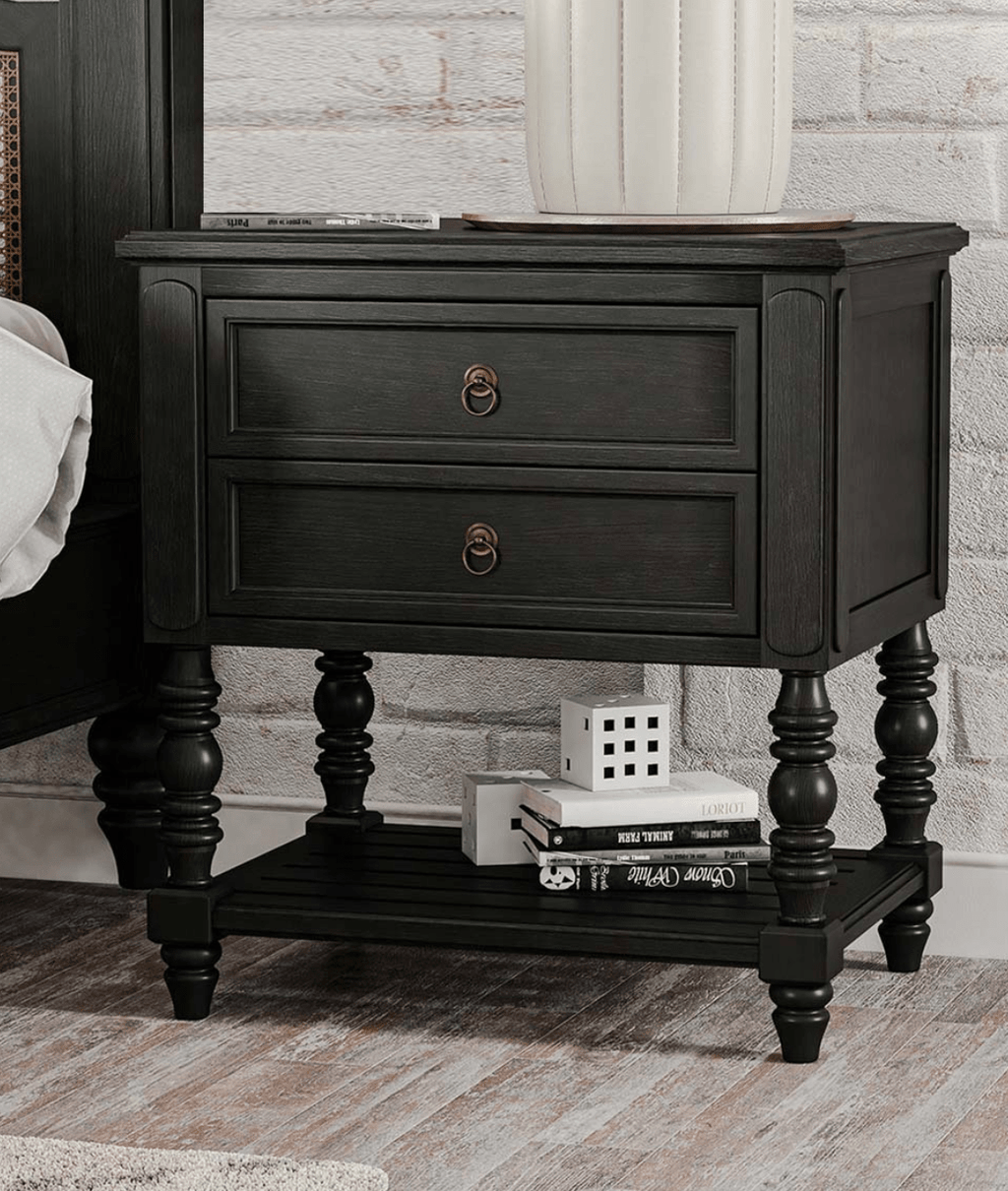 Valora Classic Mango Solid Wood Bedside Table – 2 Drawer Nightstand with Turned Legs & Lower Shelf in Matt Black - DOBRI ARTS AU