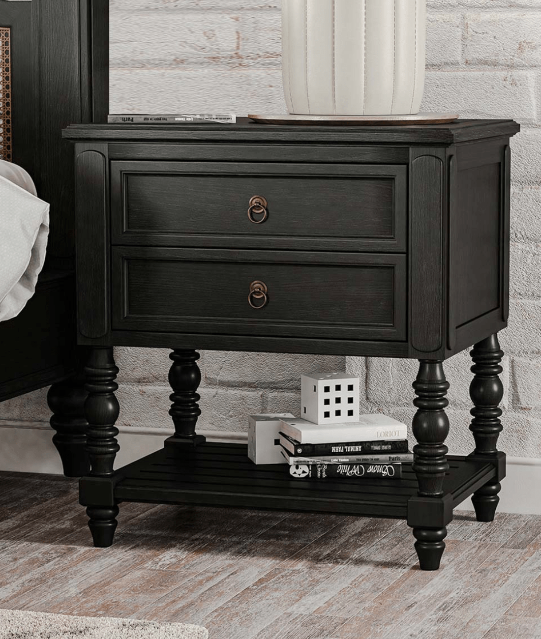 Valora Classic Mango Solid Wood Bedside Table – 2 Drawer Nightstand with Turned Legs & Lower Shelf in Matt Black - DOBRI ARTS AU