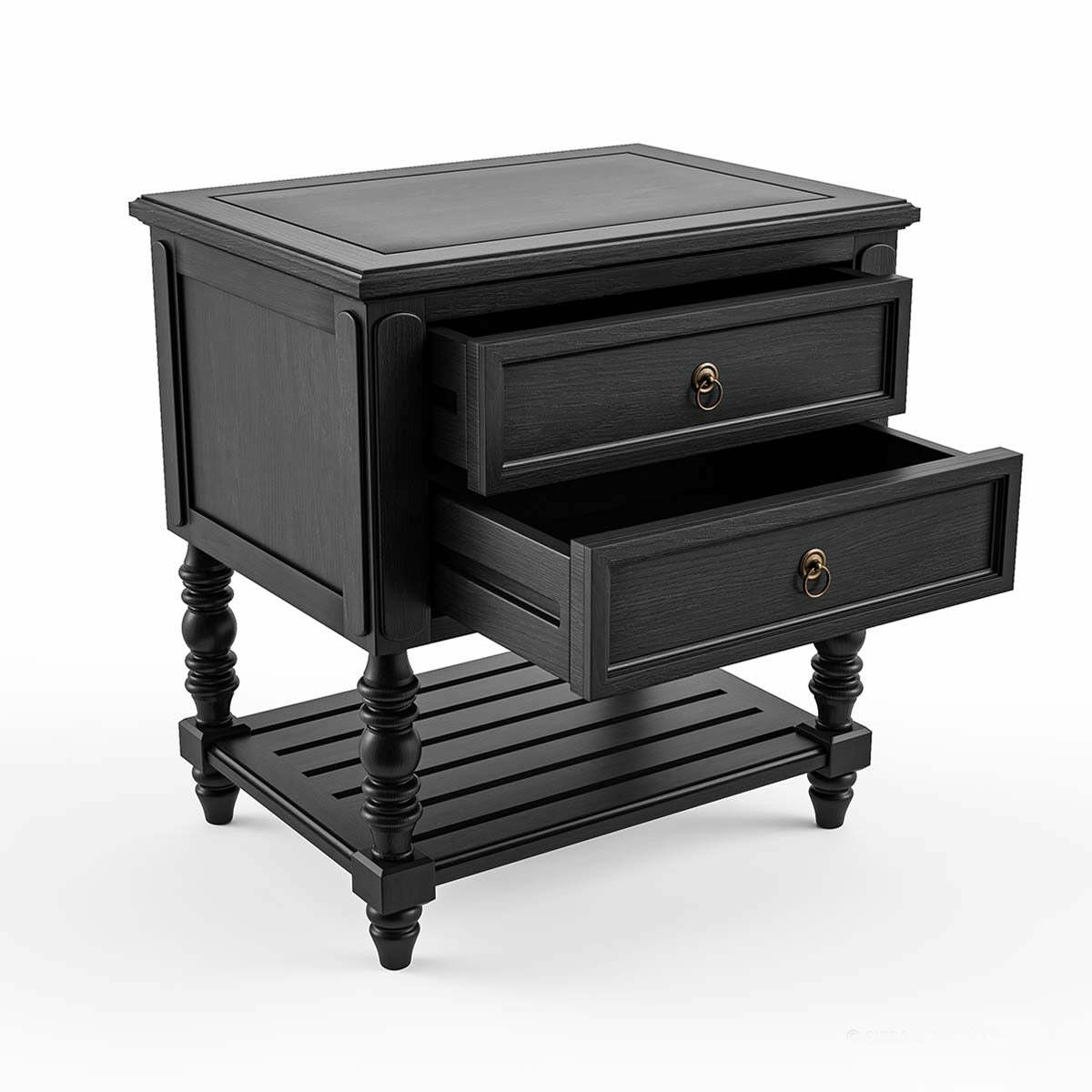 Valora Classic Mango Solid Wood Bedside Table – 2 Drawer Nightstand with Turned Legs & Lower Shelf in Matt Black - DOBRI ARTS AU