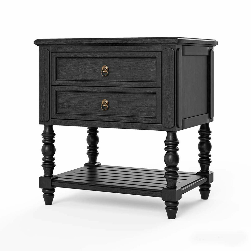 Valora Classic Mango Solid Wood Bedside Table – 2 Drawer Nightstand with Turned Legs & Lower Shelf in Matt Black - DOBRI ARTS AU