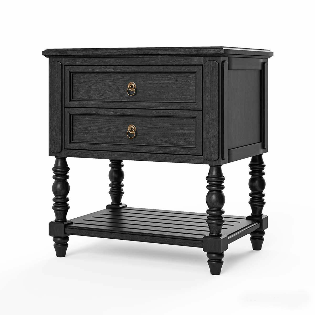 Valora Classic Mango Solid Wood Bedside Table – 2 Drawer Nightstand with Turned Legs & Lower Shelf in Matt Black - DOBRI ARTS AU