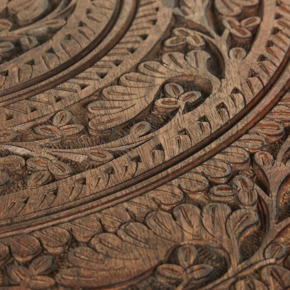Vanya Hand-Carved Mango Wood Round Side Table – Ornate Mandala Carved Accent Table with Floral Panel Doors - DOBRI ARTS AU