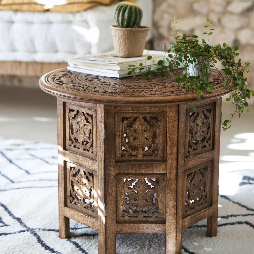Vanya Hand-Carved Mango Wood Round Side Table – Ornate Mandala Carved Accent Table with Floral Panel Doors - DOBRI ARTS AU
