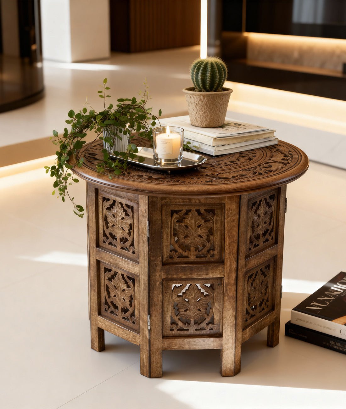 Vanya Hand-Carved Mango Wood Round Side Table – Ornate Mandala Carved Accent Table with Floral Panel Doors - DOBRI ARTS AU