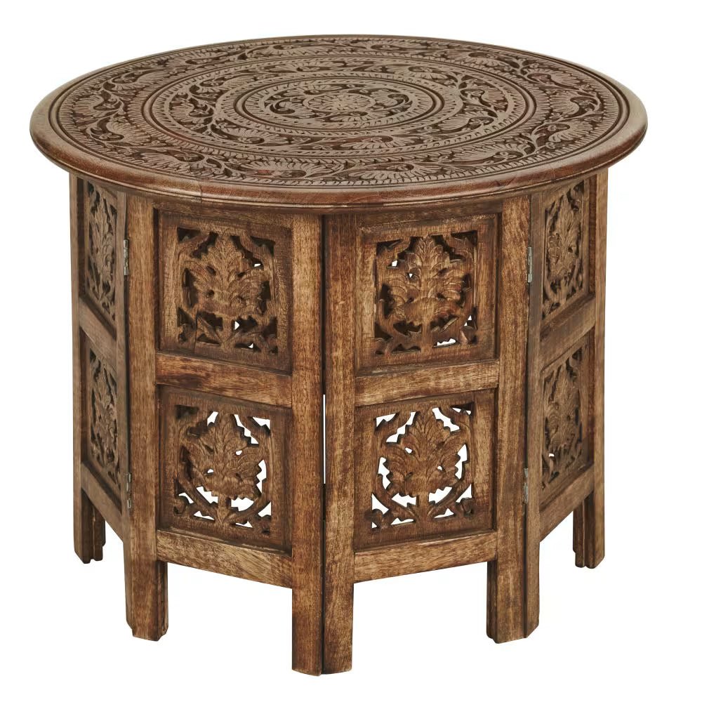 Vanya Hand-Carved Mango Wood Round Side Table – Ornate Mandala Carved Accent Table with Floral Panel Doors - DOBRI ARTS AU