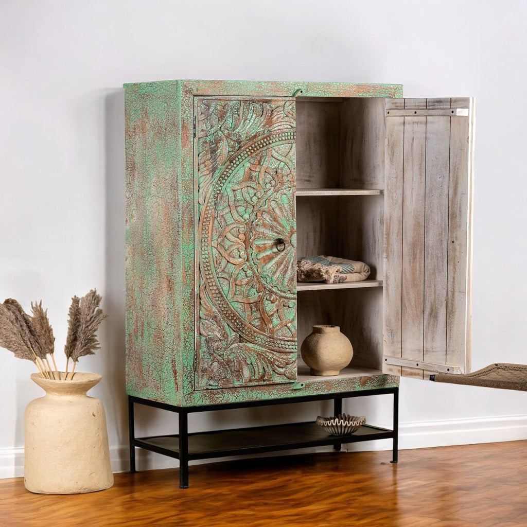 Verdigris Mandala Carved Wooden Cabinet with Iron Base - DOBRI ARTS AU