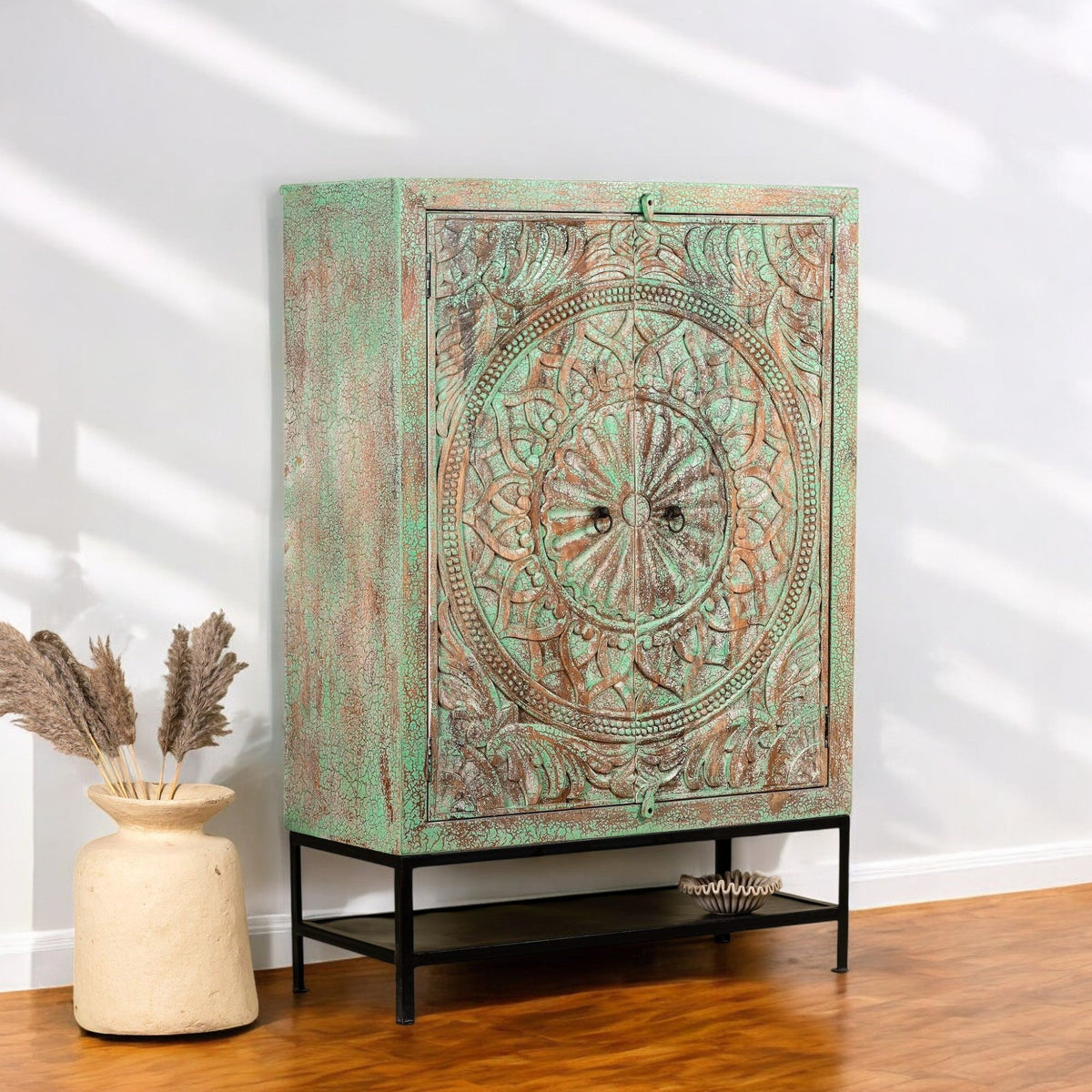 Verdigris Mandala Carved Wooden Cabinet with Iron Base - DOBRI ARTS AU