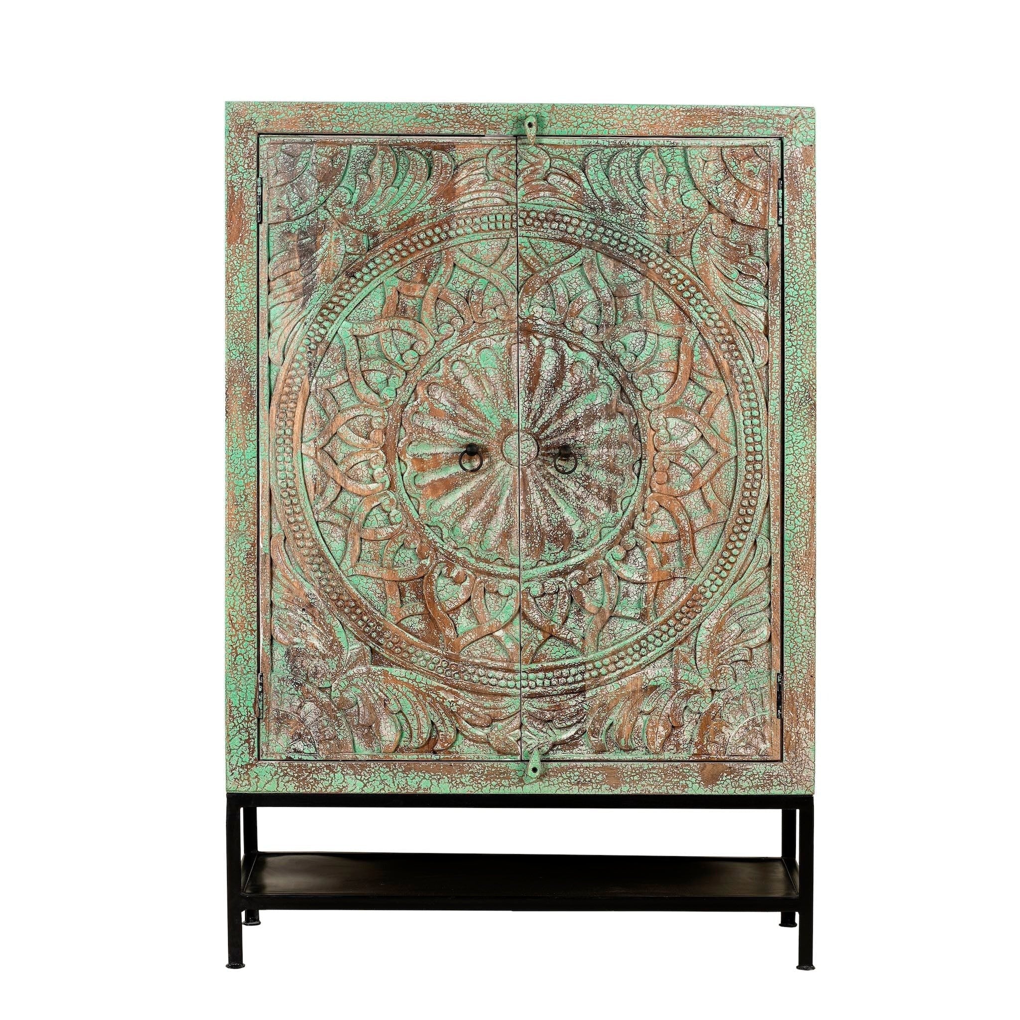Verdigris Mandala Carved Wooden Cabinet with Iron Base - DOBRI ARTS AU