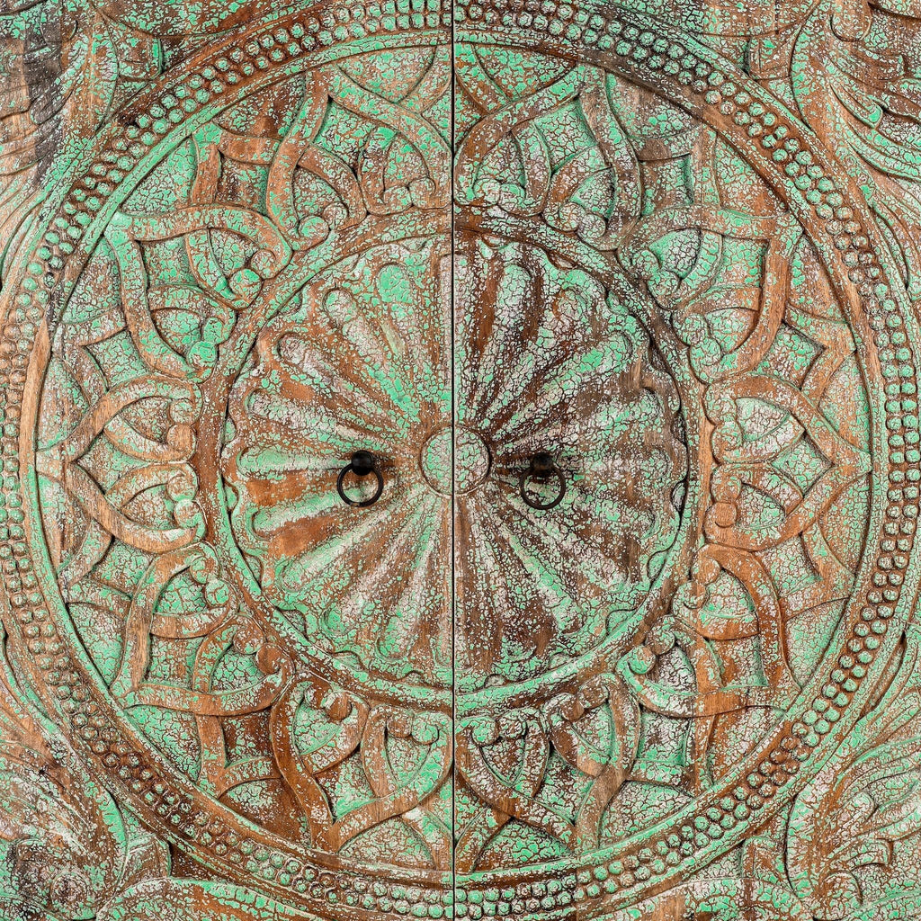 Verdigris Mandala Carved Wooden Cabinet with Iron Base - DOBRI ARTS AU
