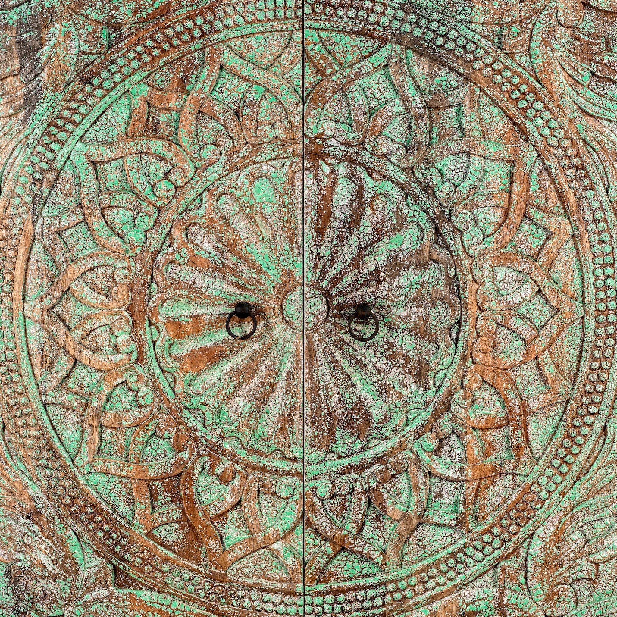 Verdigris Mandala Carved Wooden Cabinet with Iron Base - DOBRI ARTS AU