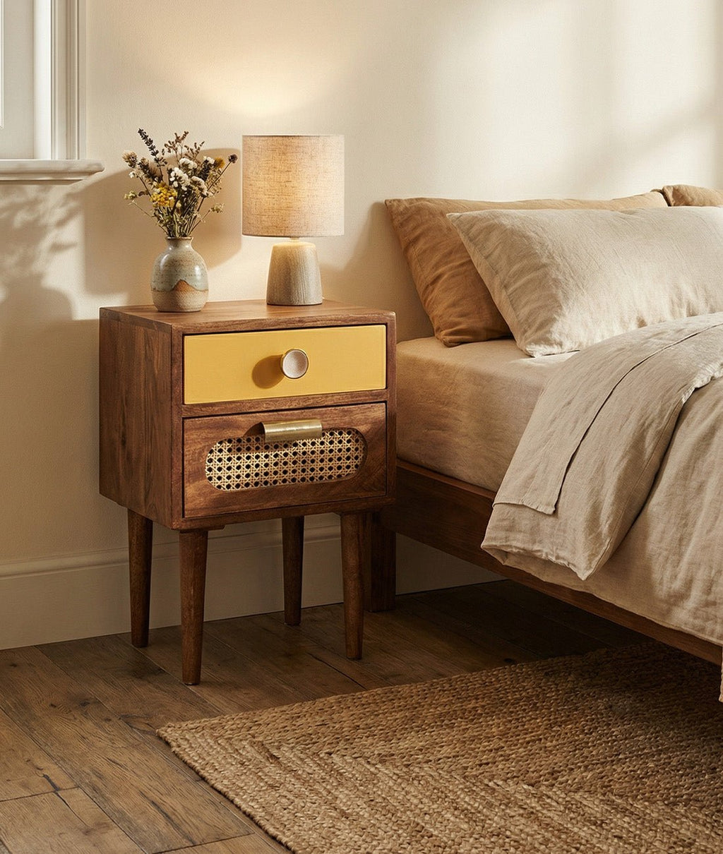 Veyra Dark Sheesham Wood & Rattan Bedside Table – 2 Drawer Nightstand with Cane Detail, Tapered Legs & Indian Craftsmanship - DOBRI ARTS AU