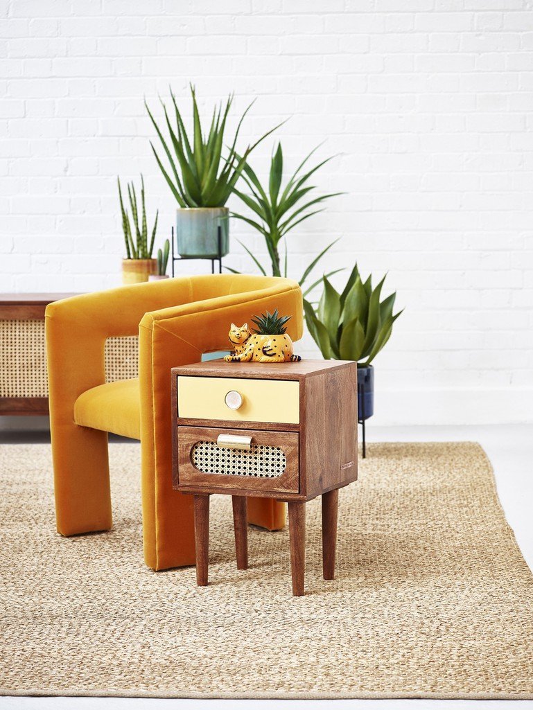Veyra Dark Sheesham Wood & Rattan Bedside Table – 2 Drawer Nightstand with Cane Detail, Tapered Legs & Indian Craftsmanship - DOBRI ARTS AU