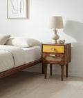 Veyra Dark Sheesham Wood & Rattan Bedside Table – 2 Drawer Nightstand with Cane Detail, Tapered Legs & Indian Craftsmanship - DOBRI ARTS AU