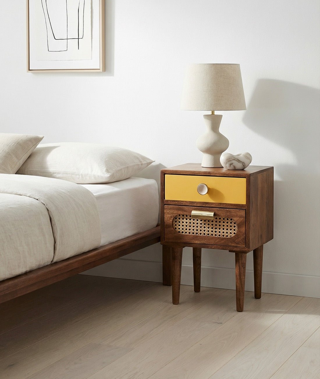 Veyra Dark Sheesham Wood & Rattan Bedside Table – 2 Drawer Nightstand with Cane Detail, Tapered Legs & Indian Craftsmanship - DOBRI ARTS AU