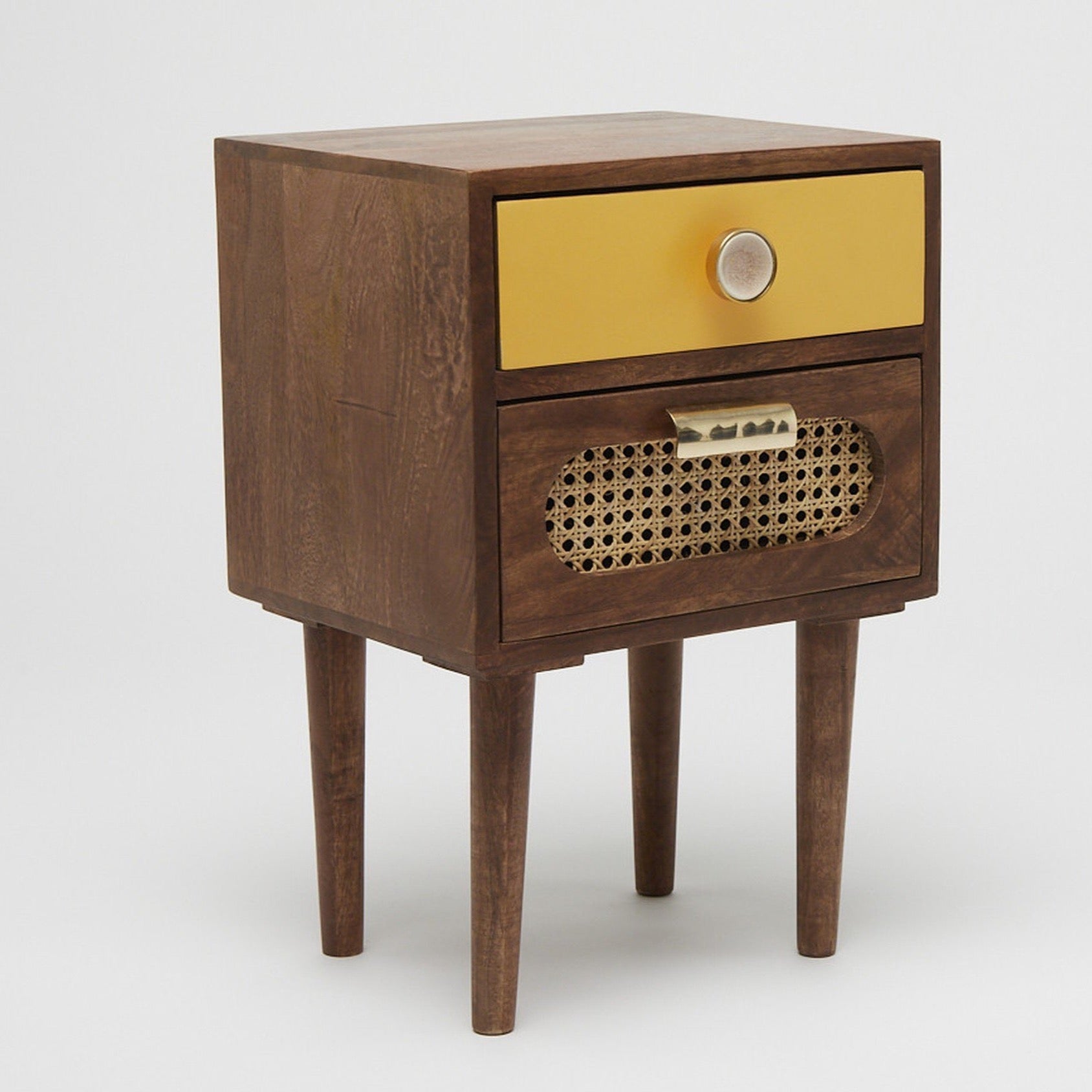 Veyra Dark Sheesham Wood & Rattan Bedside Table – 2 Drawer Nightstand with Cane Detail, Tapered Legs & Indian Craftsmanship - DOBRI ARTS AU