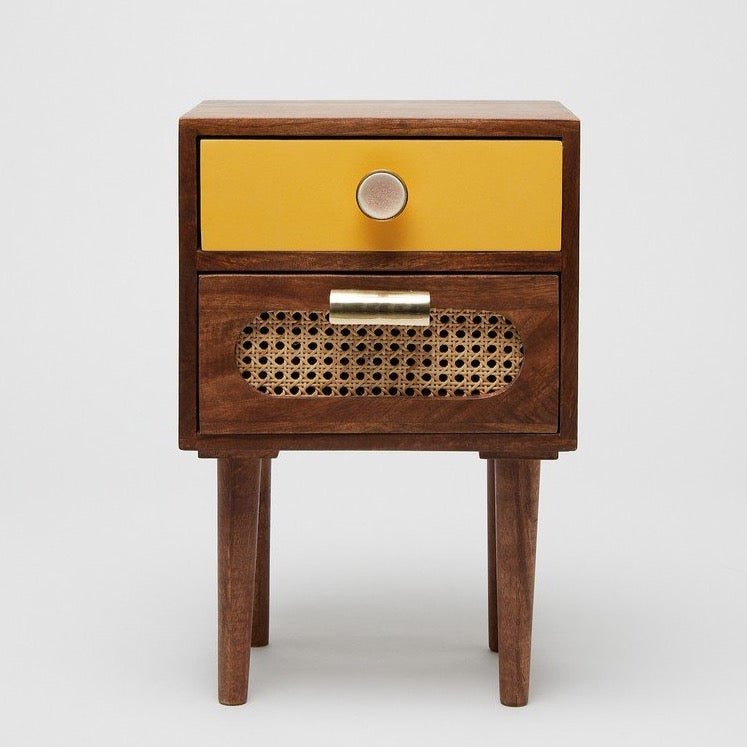 Veyra Dark Sheesham Wood & Rattan Bedside Table – 2 Drawer Nightstand with Cane Detail, Tapered Legs & Indian Craftsmanship - DOBRI ARTS AU