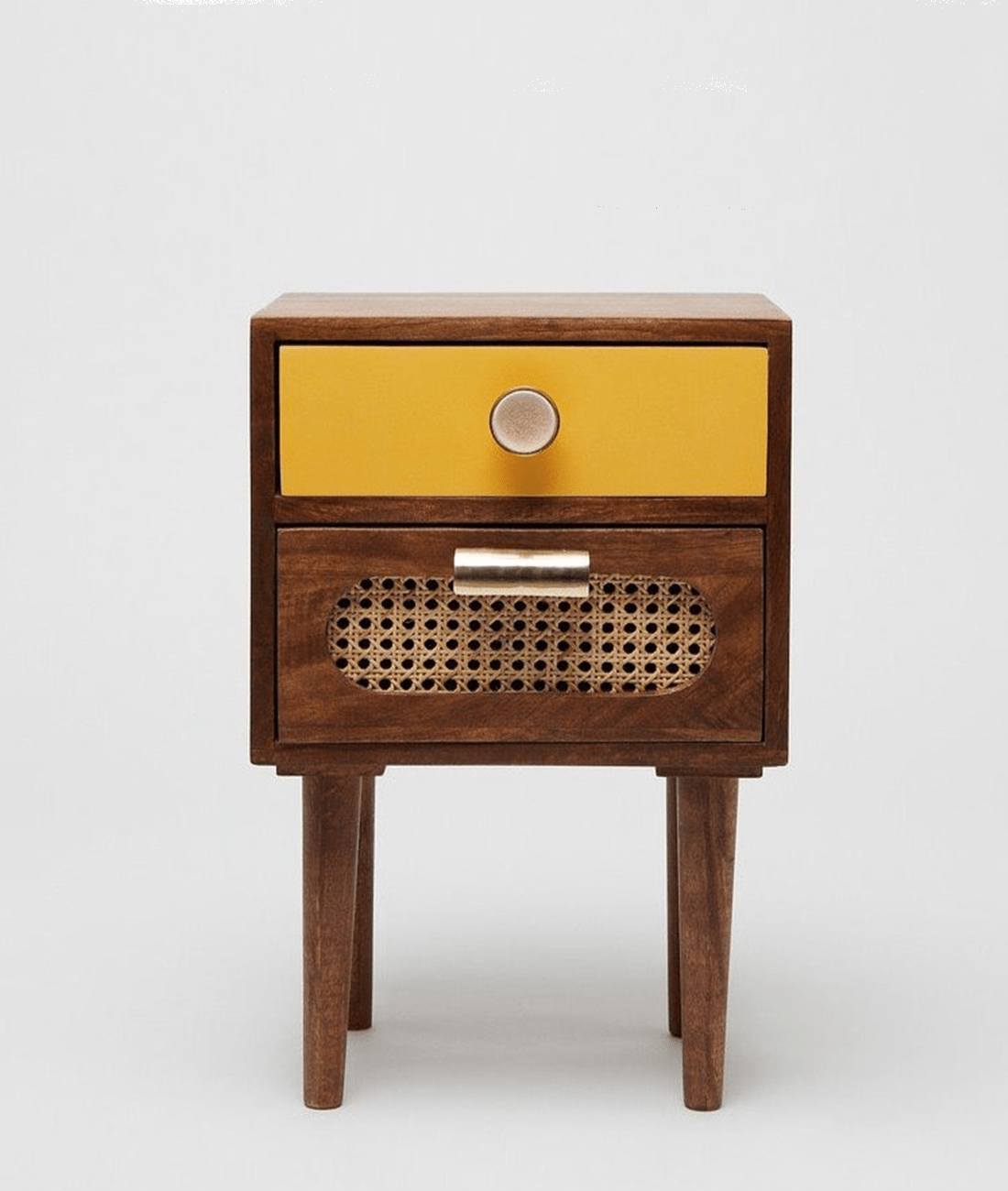Veyra Dark Sheesham Wood & Rattan Bedside Table – 2 Drawer Nightstand with Cane Detail, Tapered Legs & Indian Craftsmanship - DOBRI ARTS AU