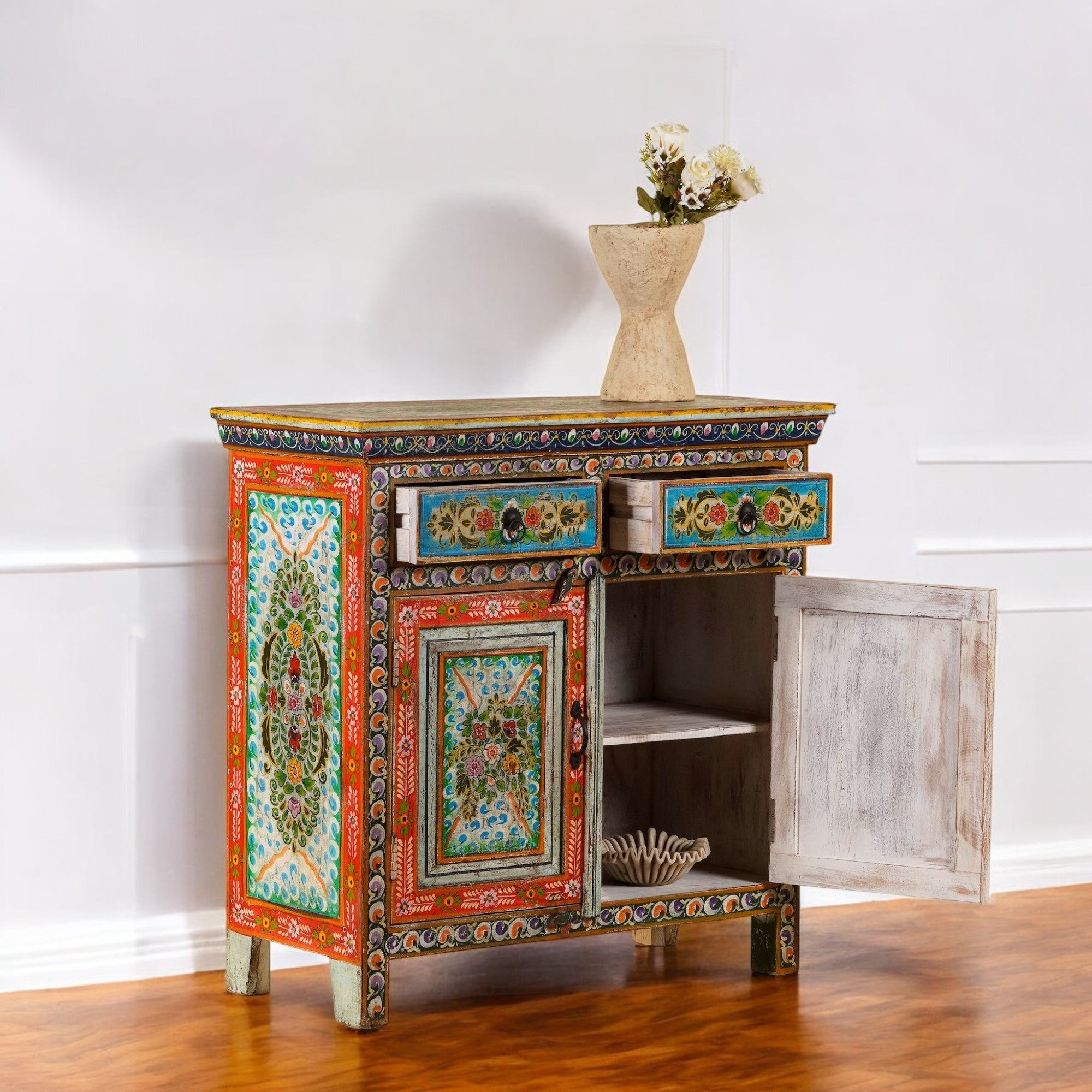 Vibrant Hand-Painted Floral Wooden Storage Cabinet with Double Doors - DOBRI ARTS AU
