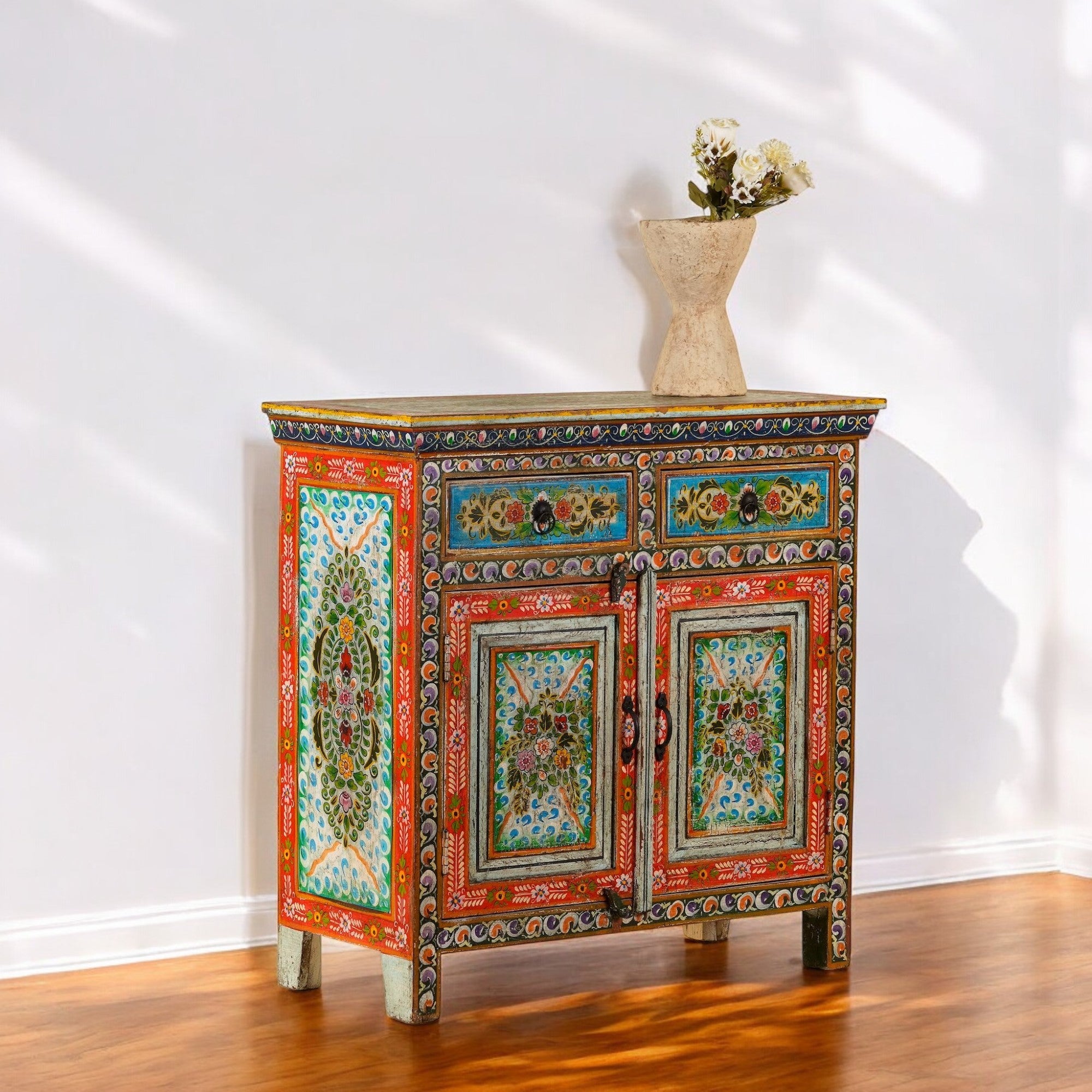 Vibrant Hand-Painted Floral Wooden Storage Cabinet with Double Doors - DOBRI ARTS AU