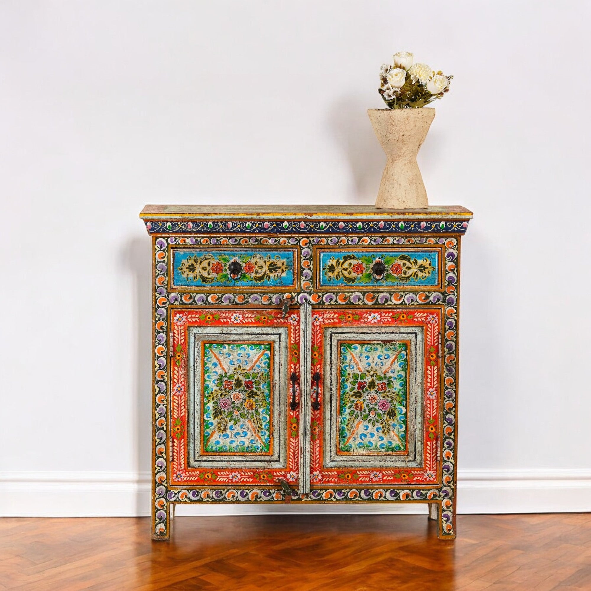 Vibrant Hand-Painted Floral Wooden Storage Cabinet with Double Doors - DOBRI ARTS AU