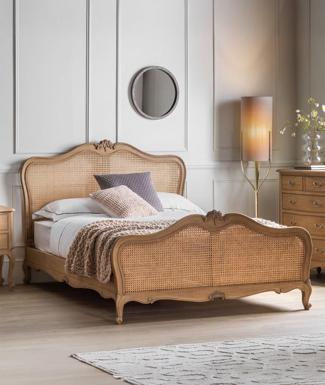 Victoria French Provincial Rattan Bed – Elegant Solid Wood Cane King size Bed with Curved Headboard - DOBRI ARTS AU