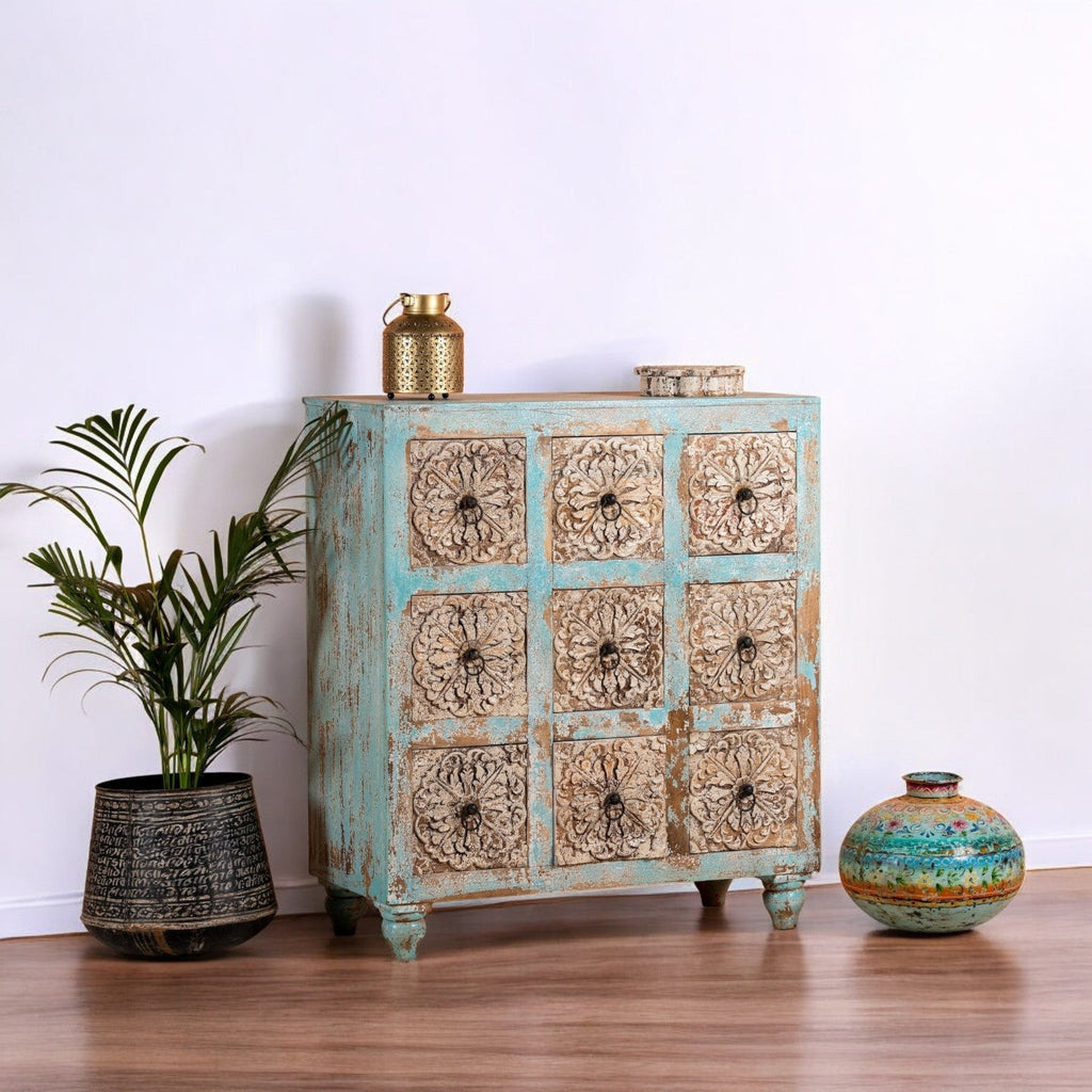 Vilagam Hand-Carved Floral Wooden Drawer Chest - DOBRI ARTS AU