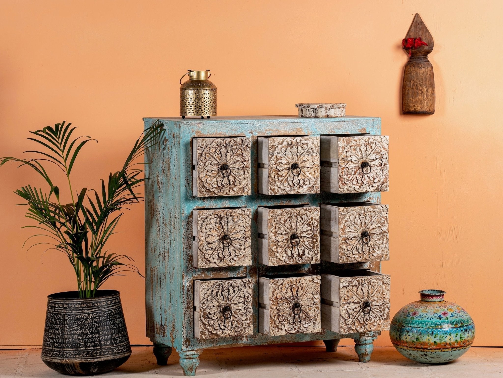 Vilagam Hand-Carved Floral Wooden Drawer Chest - DOBRI ARTS AU