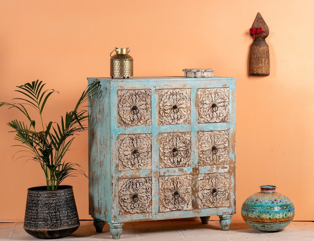 Vilagam Hand-Carved Floral Wooden Drawer Chest - DOBRI ARTS AU