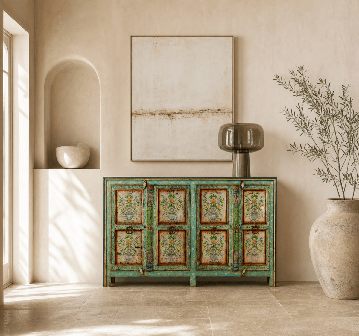 Vintage Hand-Painted Floral Teal Wooden Sideboard - DOBRI ARTS AU