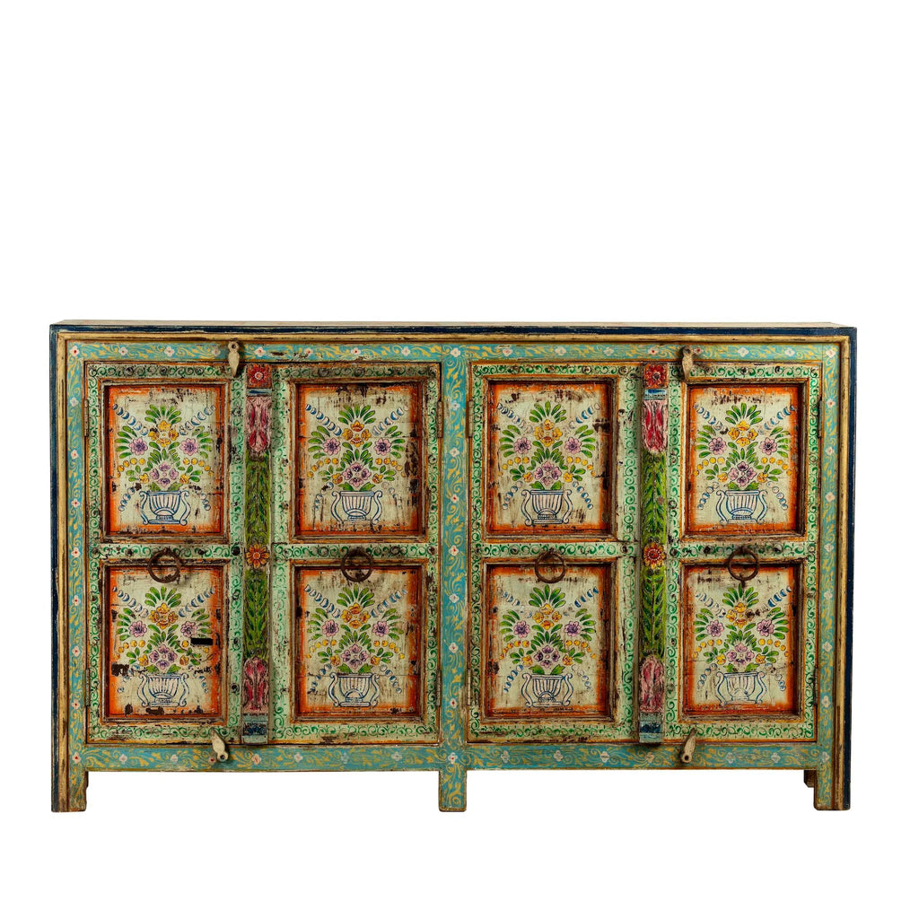 Vintage Hand-Painted Floral Teal Wooden Sideboard - DOBRI ARTS AU