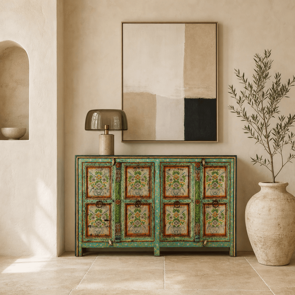 Vintage Hand-Painted Floral Teal Wooden Sideboard - DOBRI ARTS AU