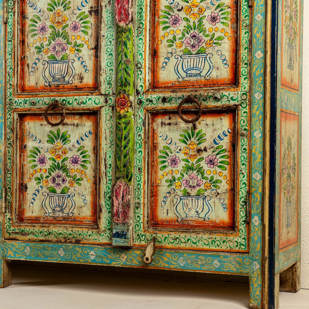 Vintage Hand-Painted Floral Teal Wooden Sideboard - DOBRI ARTS AU
