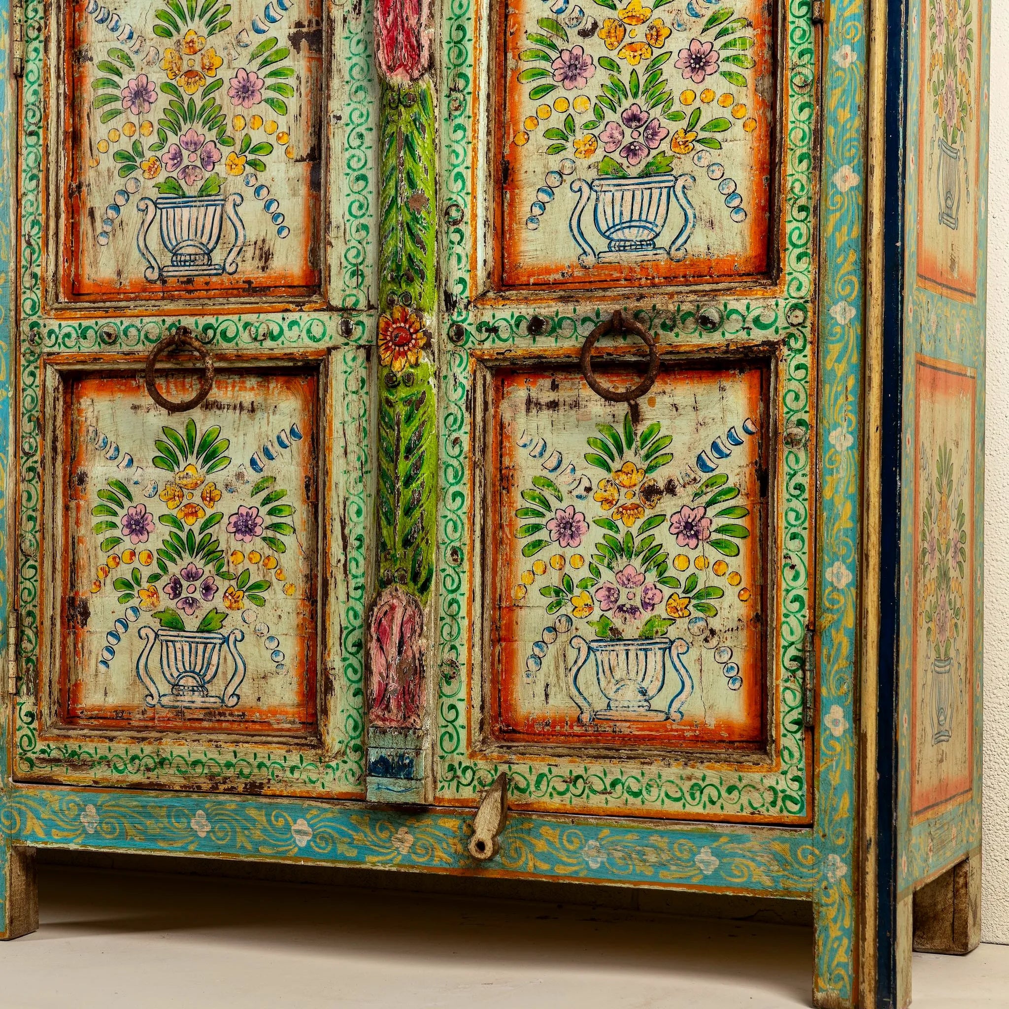 Vintage Hand-Painted Floral Teal Wooden Sideboard - DOBRI ARTS AU