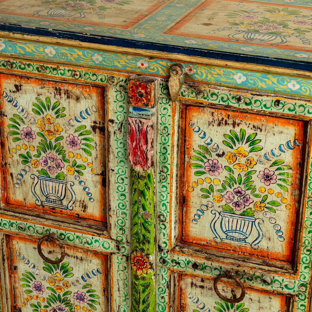 Vintage Hand-Painted Floral Teal Wooden Sideboard - DOBRI ARTS AU