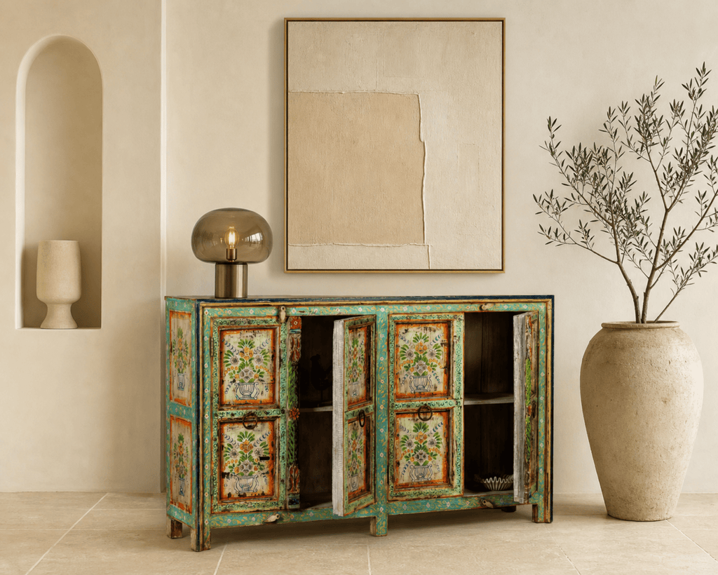 Vintage Hand-Painted Floral Teal Wooden Sideboard - DOBRI ARTS AU