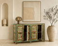 Vintage Hand-Painted Floral Teal Wooden Sideboard - DOBRI ARTS AU