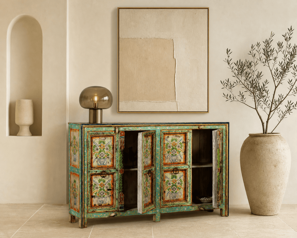 Vintage Hand-Painted Floral Teal Wooden Sideboard - DOBRI ARTS AU