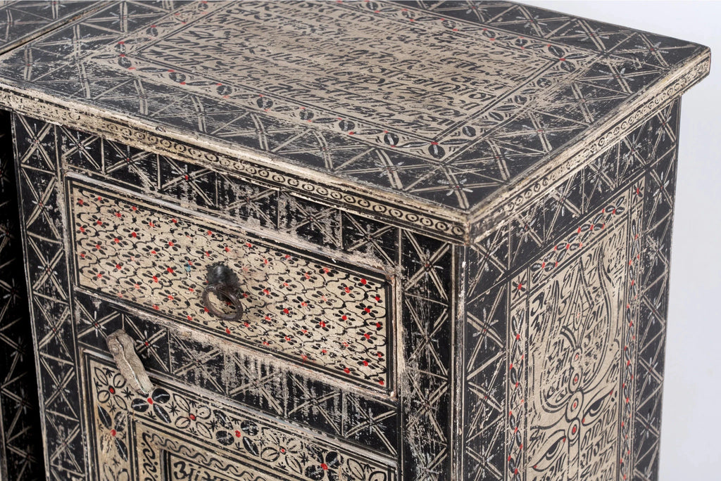 Vintage Tribal Script Hand-Painted Bedside Cabinet - DOBRI ARTS AU