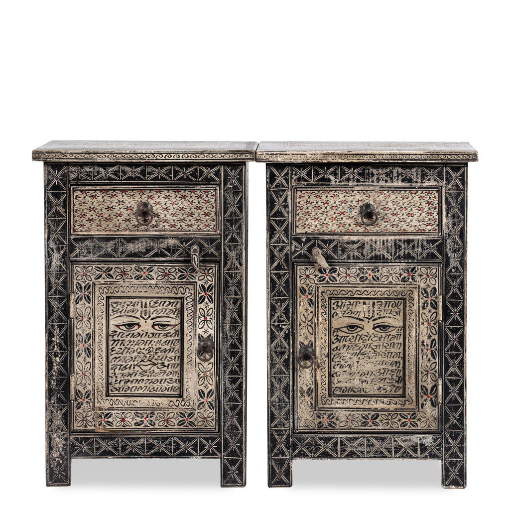 Vintage Tribal Script Hand-Painted Bedside Cabinet - DOBRI ARTS AU