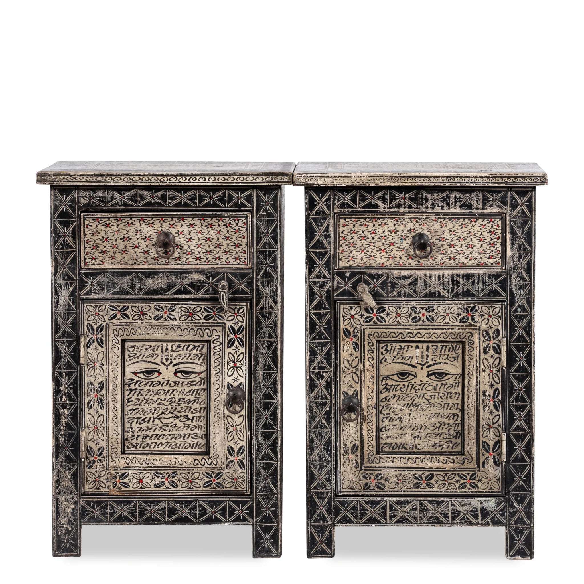 Vintage Tribal Script Hand-Painted Bedside Cabinet - DOBRI ARTS AU