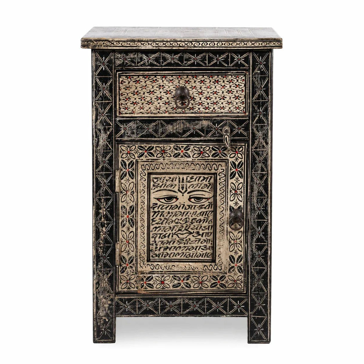 Vintage Tribal Script Hand-Painted Bedside Cabinet - DOBRI ARTS AU