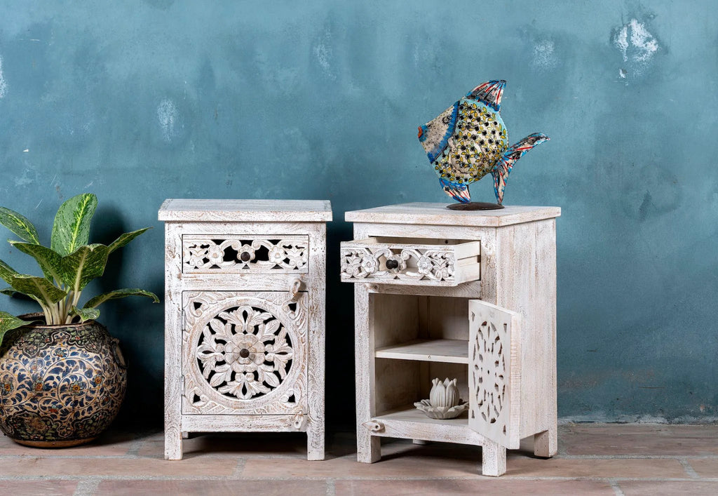 Vintage Whitewashed Floral Carved Bedside Cabinet - DOBRI ARTS AU