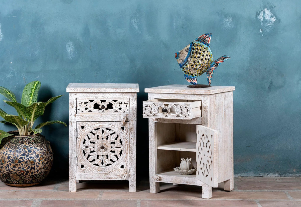 Vintage Whitewashed Floral Carved Bedside Cabinet - DOBRI ARTS AU