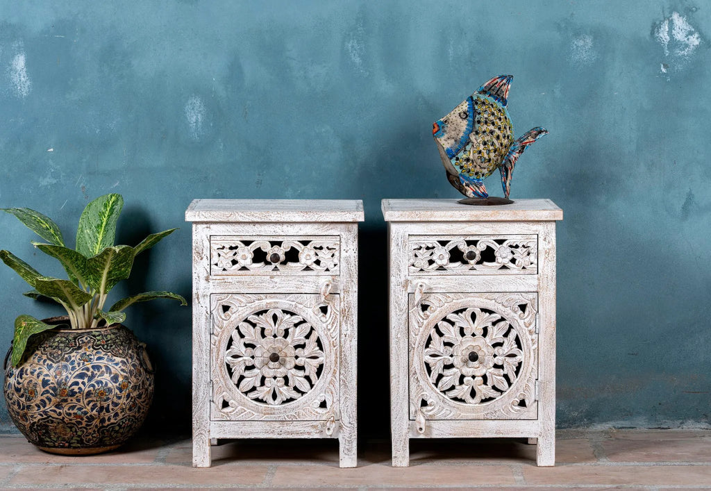 Vintage Whitewashed Floral Carved Bedside Cabinet - DOBRI ARTS AU
