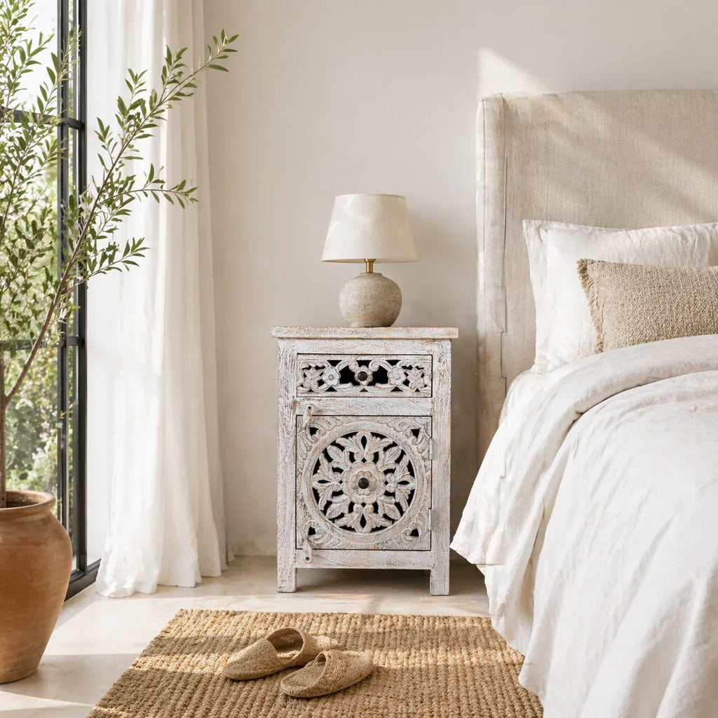Vintage Whitewashed Floral Carved Bedside Cabinet - DOBRI ARTS AU