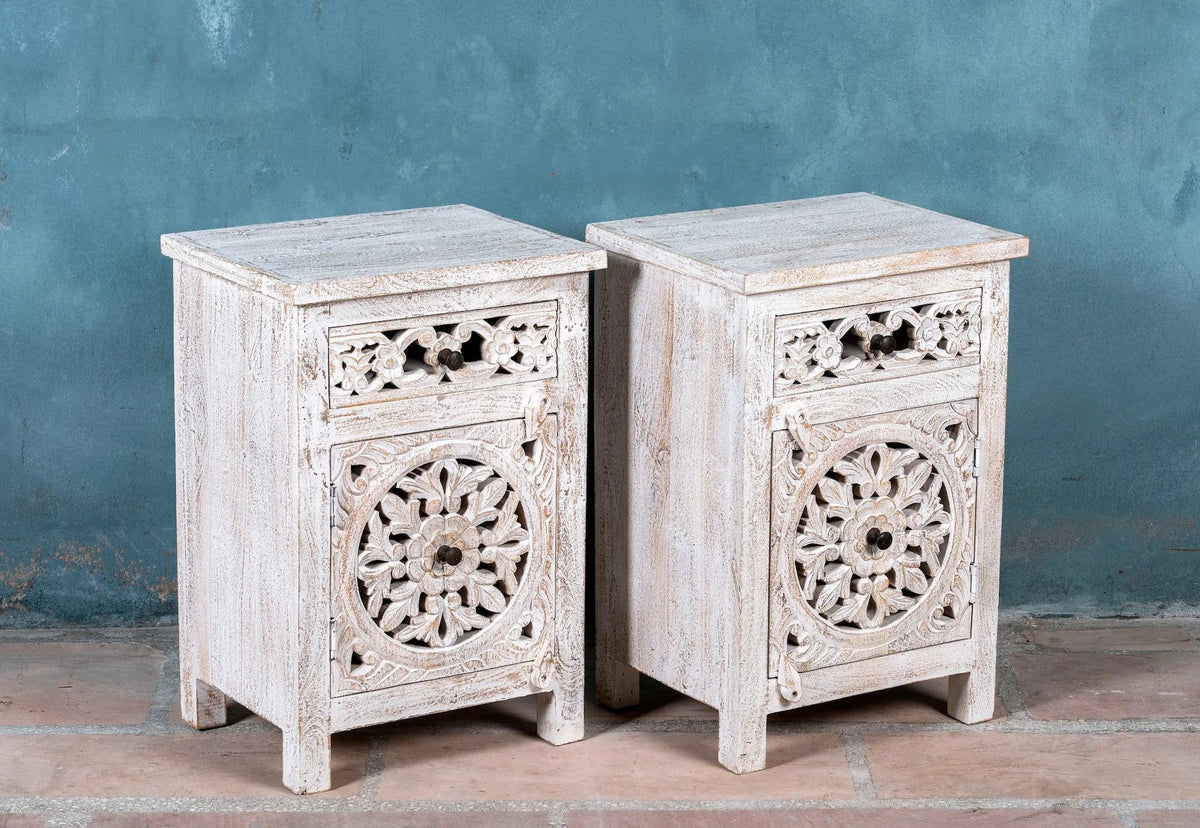 Vintage Whitewashed Floral Carved Bedside Cabinet - DOBRI ARTS AU