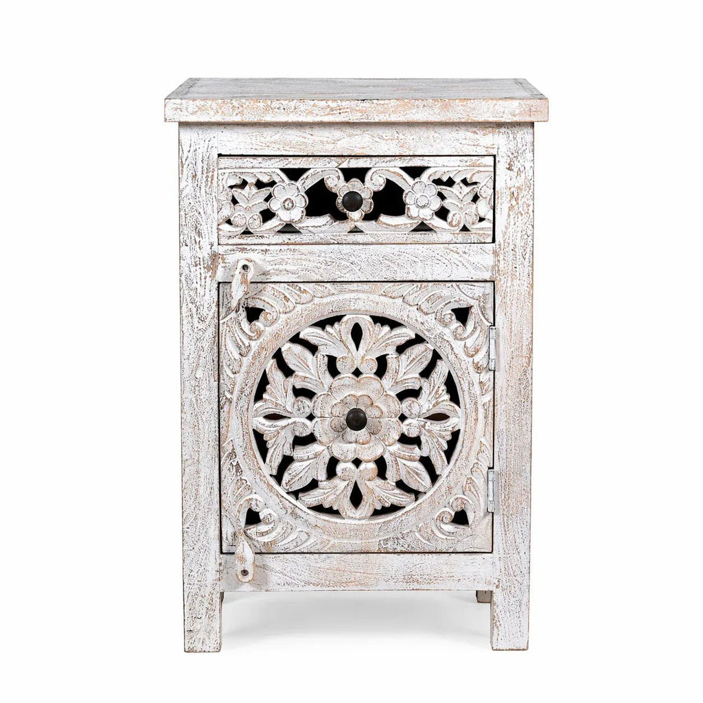 Vintage Whitewashed Floral Carved Bedside Cabinet - DOBRI ARTS AU